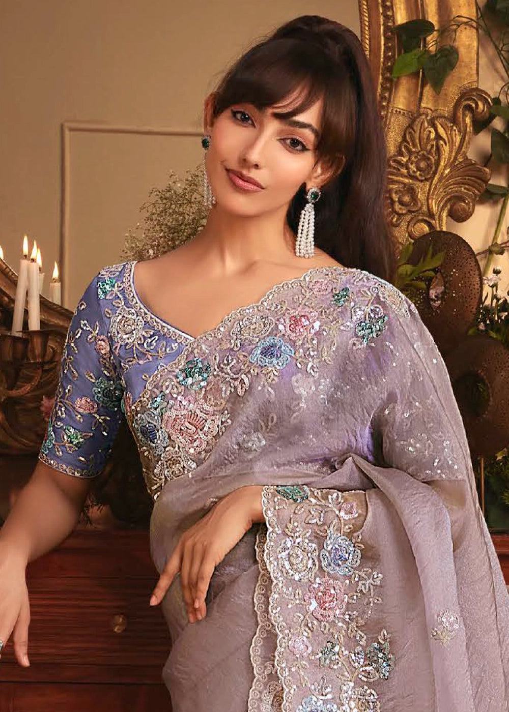 Lilac Purple Embroidered Tissue Organza Saree – Designer Collection