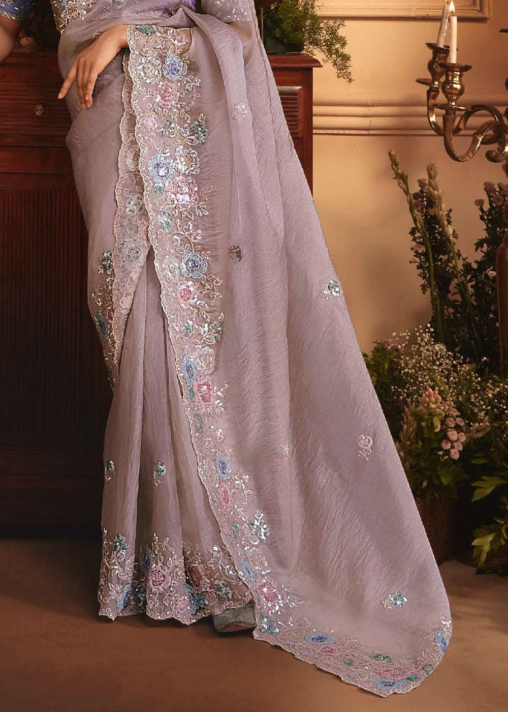 Lilac Purple Embroidered Tissue Organza Saree – Designer Collection