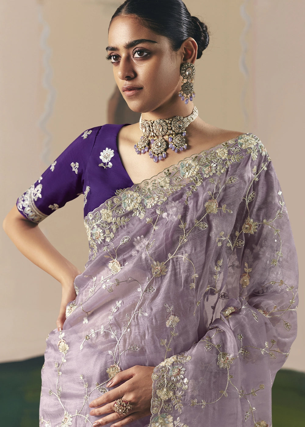 Thistle Purple Designer Tissue Saree with Elegant Sequin & Stone Detailing