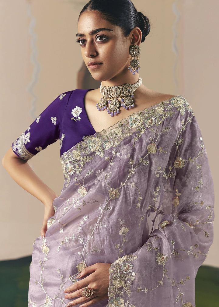Thistle Purple Designer Tissue Saree with Elegant Sequin & Stone Detailing