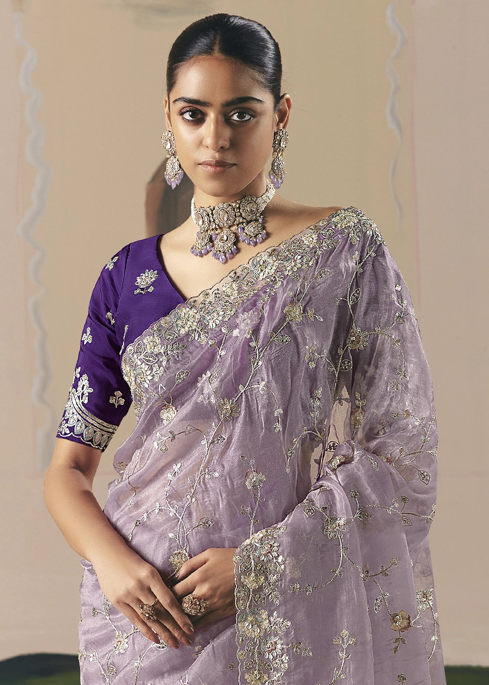Thistle Purple Designer Tissue Saree with Elegant Sequin & Stone Detailing