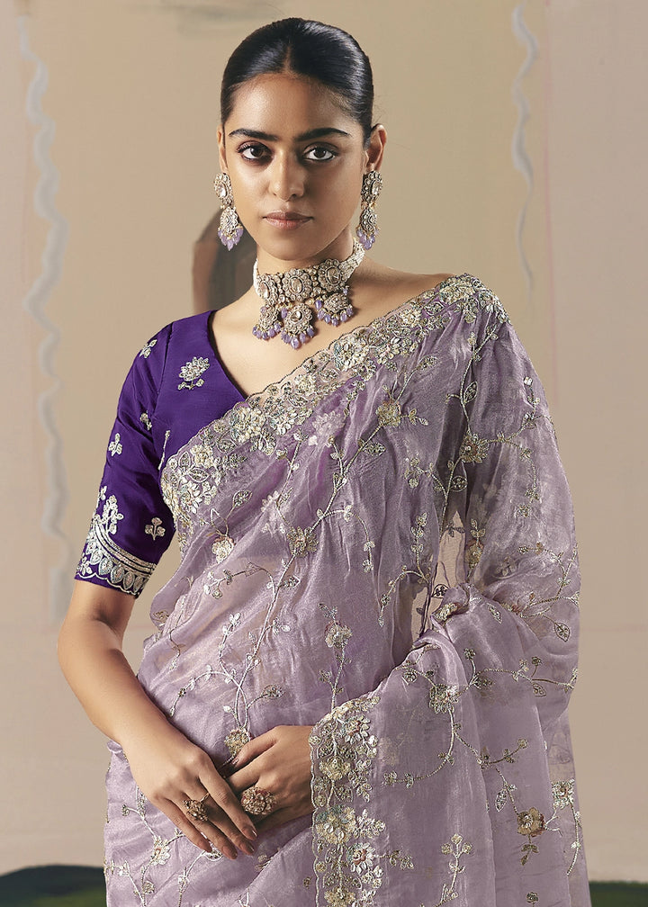 Thistle Purple Designer Tissue Saree with Elegant Sequin & Stone Detailing