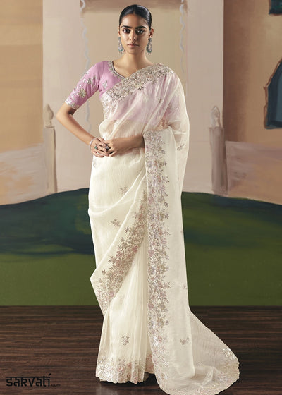 Pearl White Designer Tissue Saree with Elegant Sequin & Stone Detailing