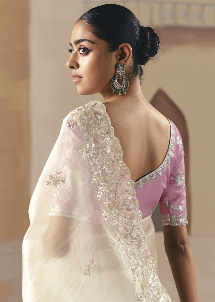 Pearl White Designer Tissue Saree with Elegant Sequin & Stone Detailing