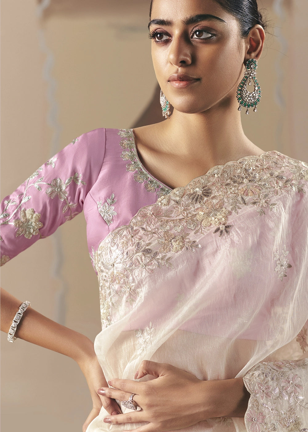 Pearl White Designer Tissue Saree with Elegant Sequin & Stone Detailing