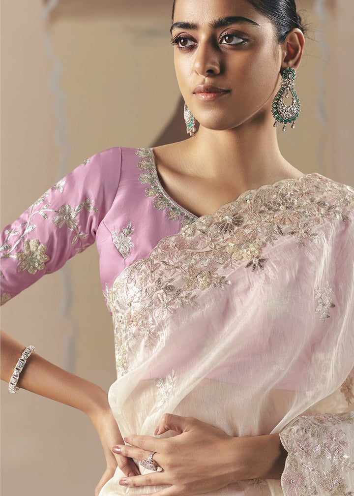 Pearl White Designer Tissue Saree with Elegant Sequin & Stone Detailing