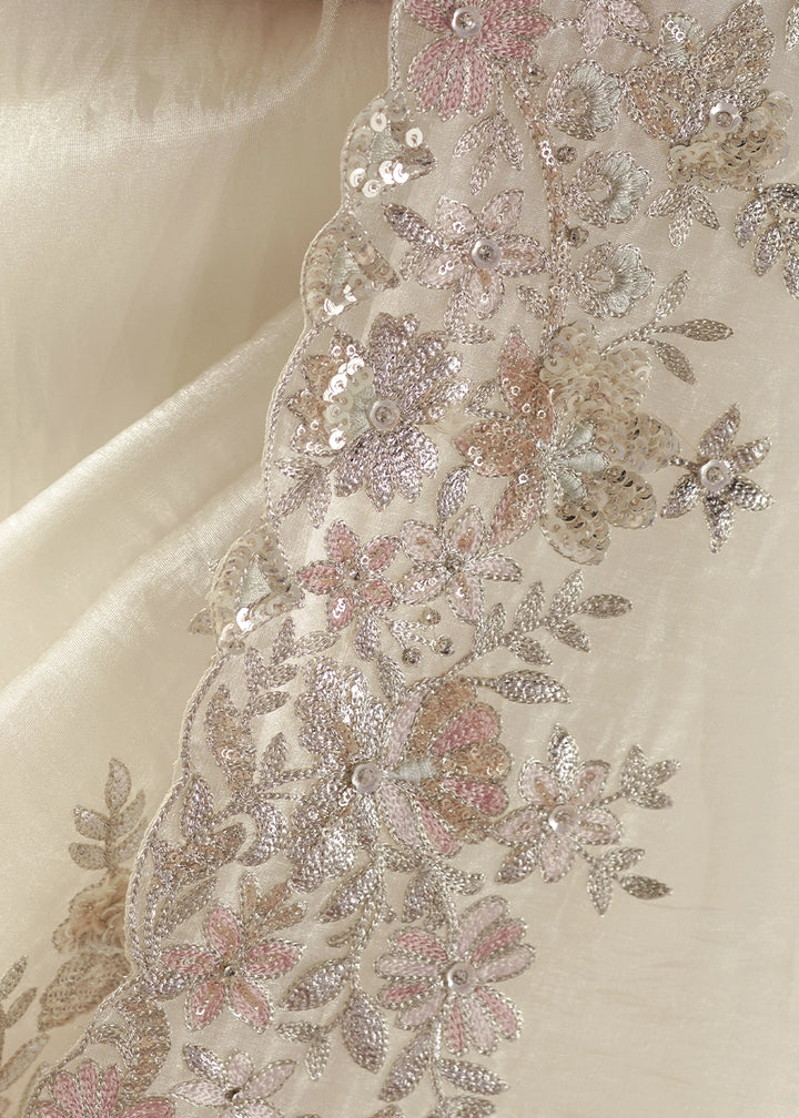 Pearl White Designer Tissue Saree with Elegant Sequin & Stone Detailing