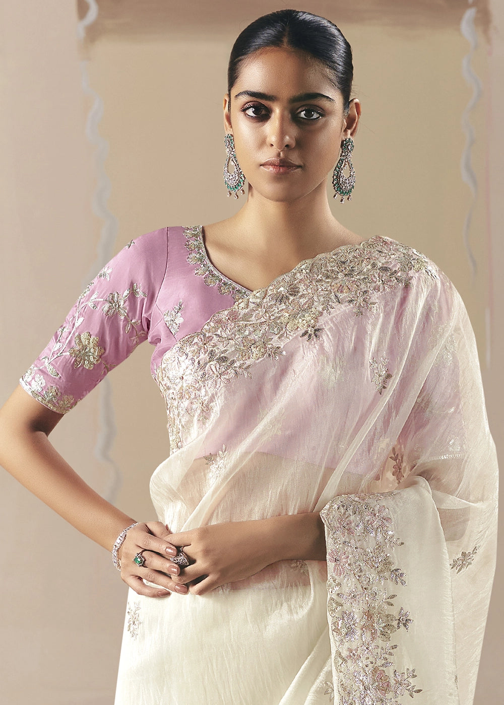 Pearl White Designer Tissue Saree with Elegant Sequin & Stone Detailing