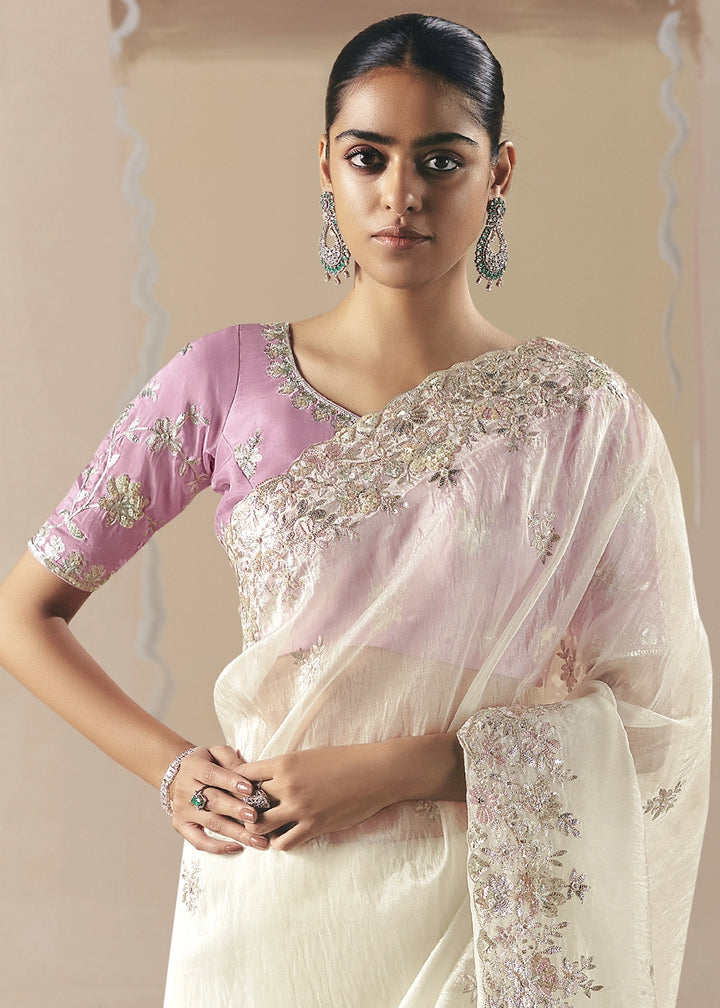Pearl White Designer Tissue Saree with Elegant Sequin & Stone Detailing