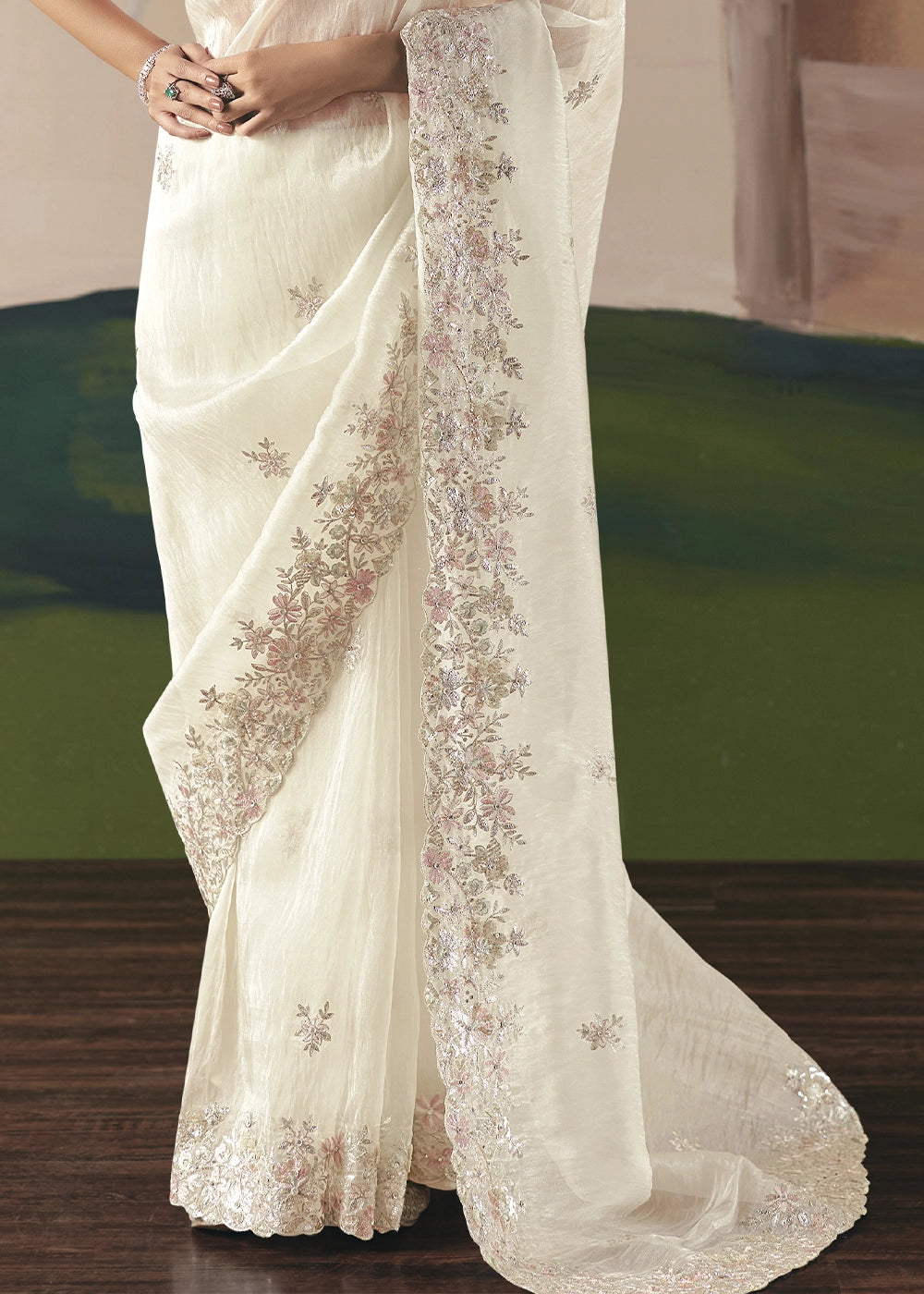 Pearl White Designer Tissue Saree with Elegant Sequin & Stone Detailing