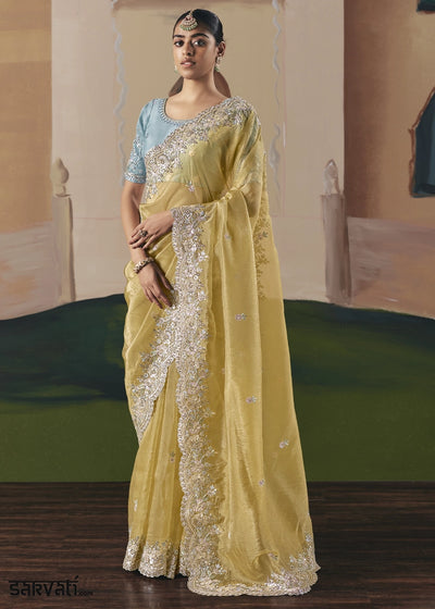 Light Mustard Yellow Designer Tissue Saree with Elegant Sequin & Stone Detailing