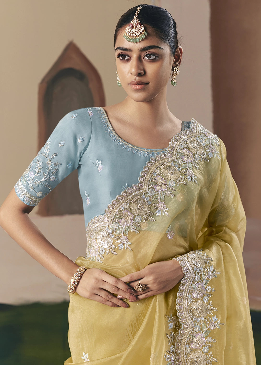 Light Mustard Yellow Designer Tissue Saree with Elegant Sequin & Stone Detailing
