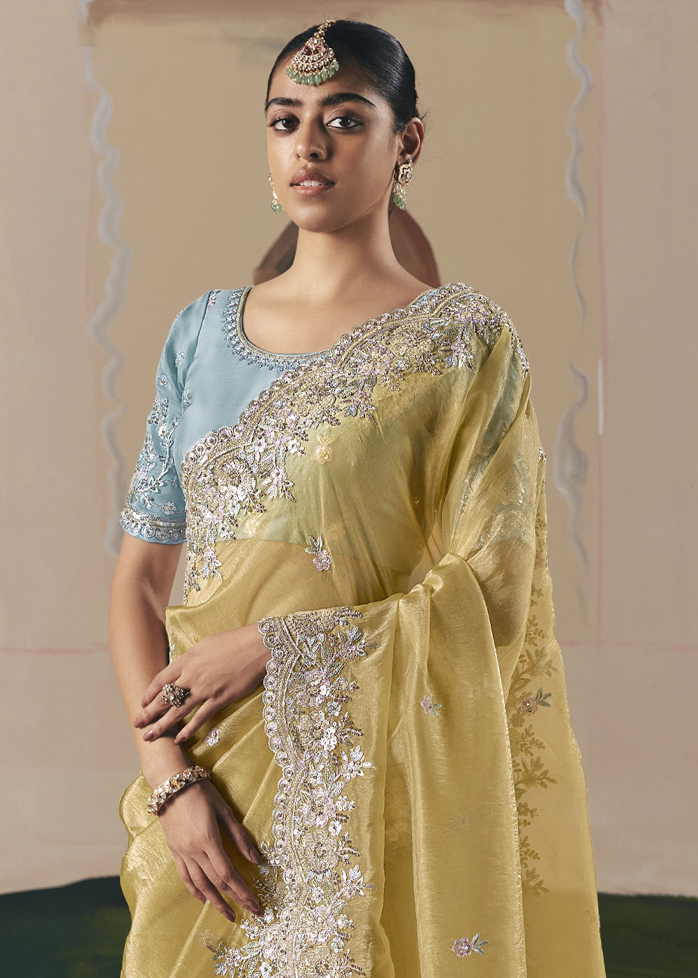 Light Mustard Yellow Designer Tissue Saree with Elegant Sequin & Stone Detailing