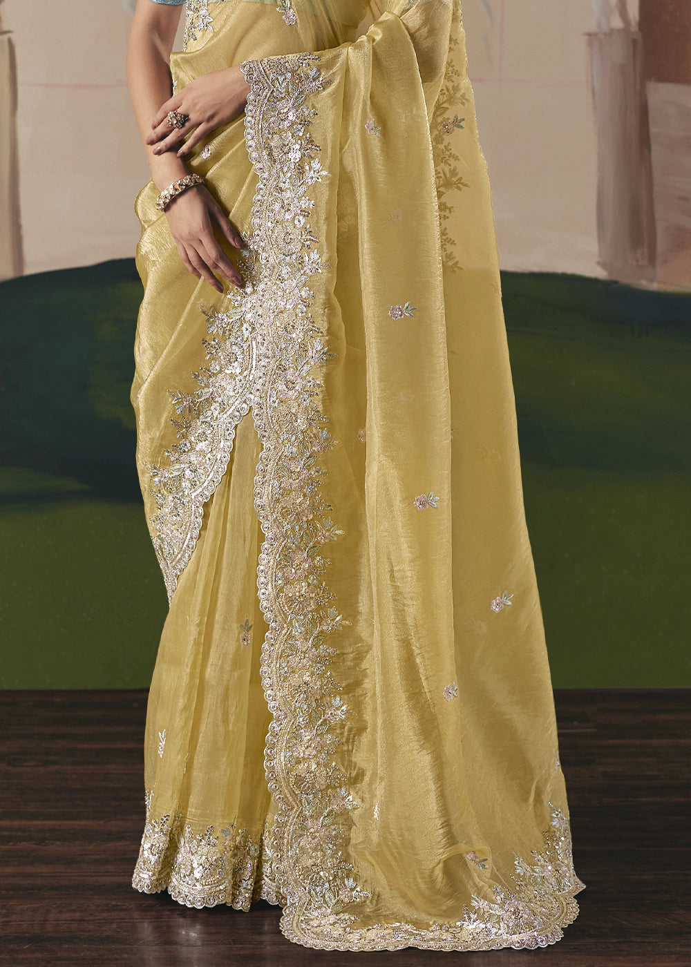 Light Mustard Yellow Designer Tissue Saree with Elegant Sequin & Stone Detailing