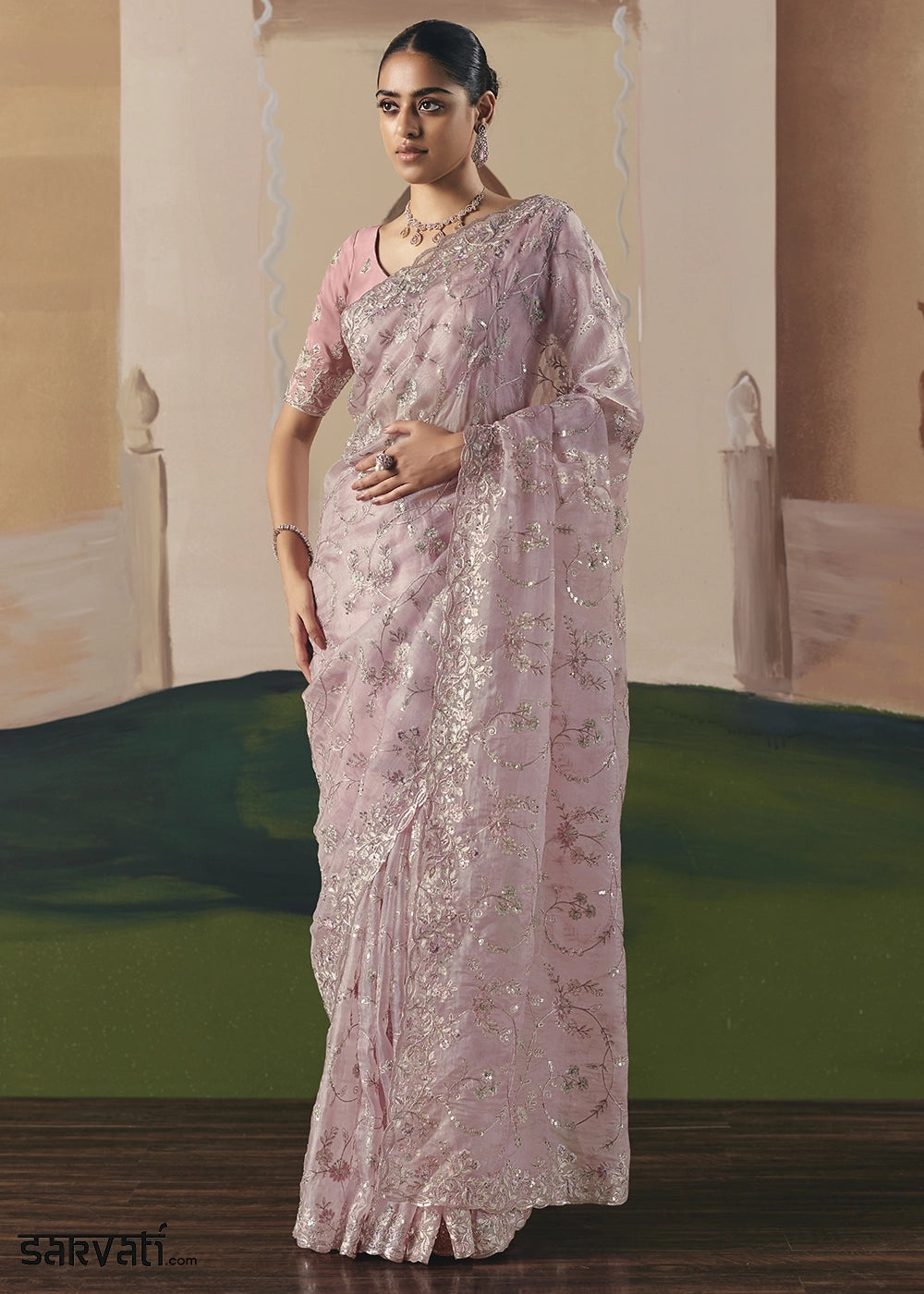 Baby Pink Designer Tissue Saree with Elegant Sequin & Stone Detailing