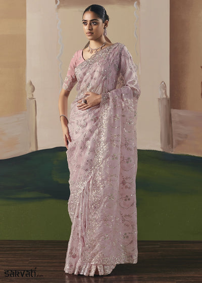 Baby Pink Designer Tissue Saree with Elegant Sequin & Stone Detailing