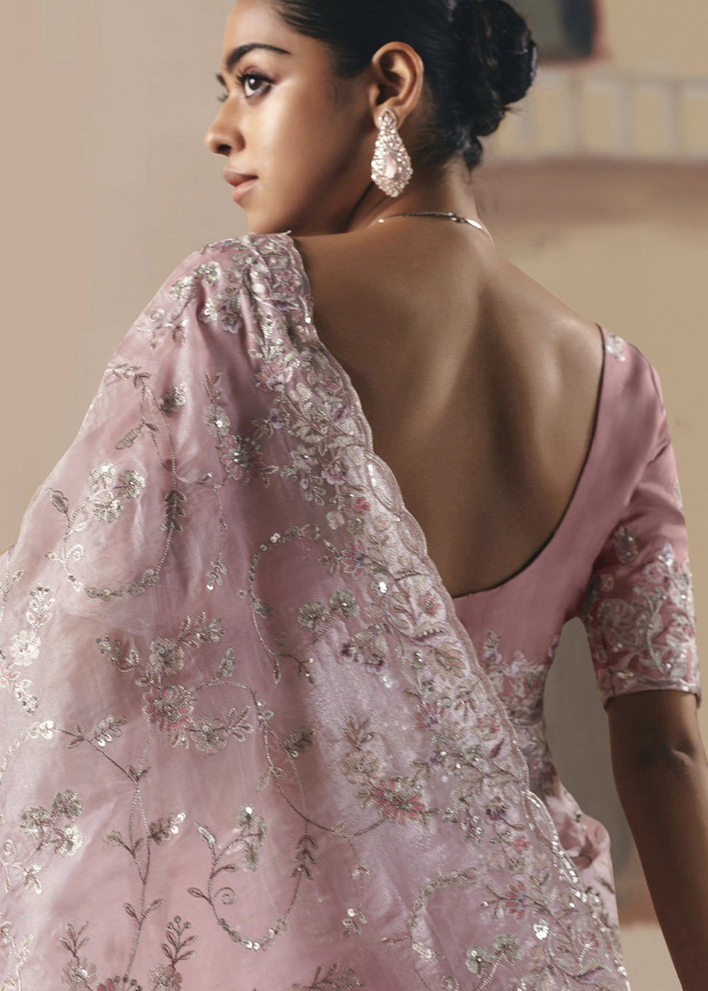 Baby Pink Designer Tissue Saree with Elegant Sequin & Stone Detailing