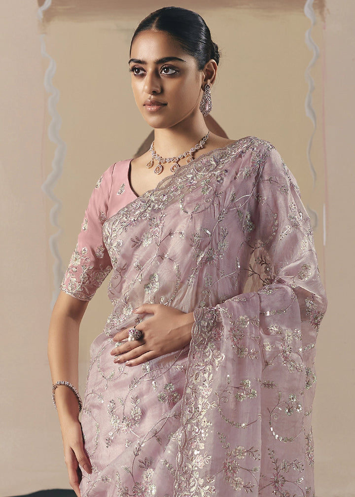 Baby Pink Designer Tissue Saree with Elegant Sequin & Stone Detailing