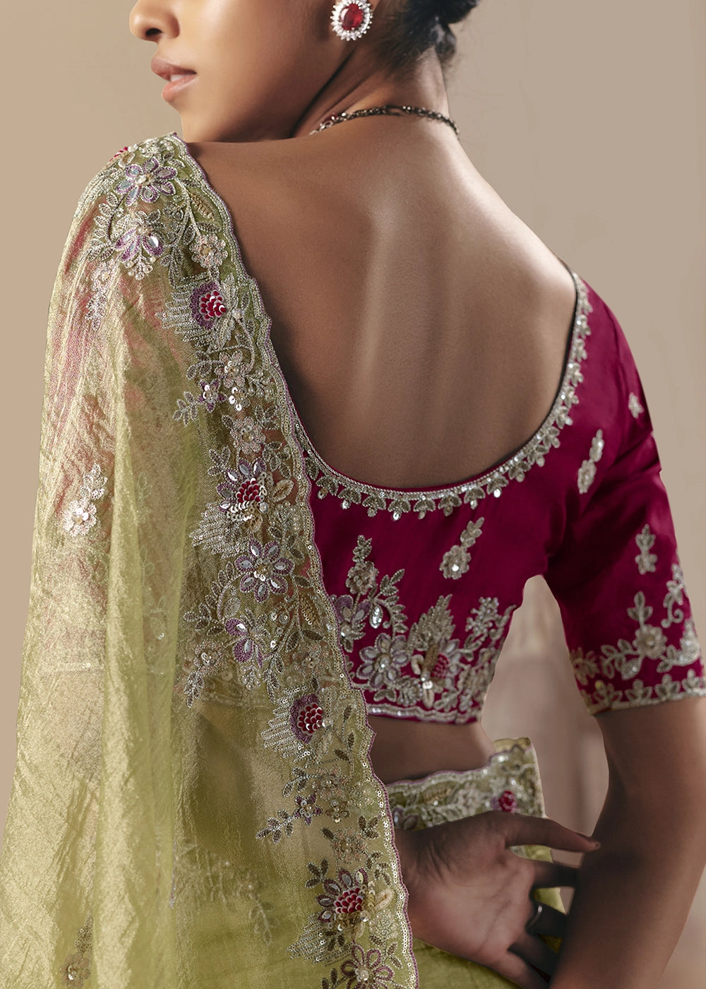 Pear Green Designer Tissue Saree with Elegant Sequin & Stone Detailing