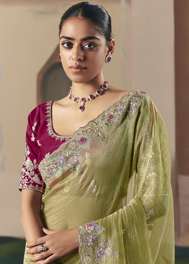 Pear Green Designer Tissue Saree with Elegant Sequin & Stone Detailing