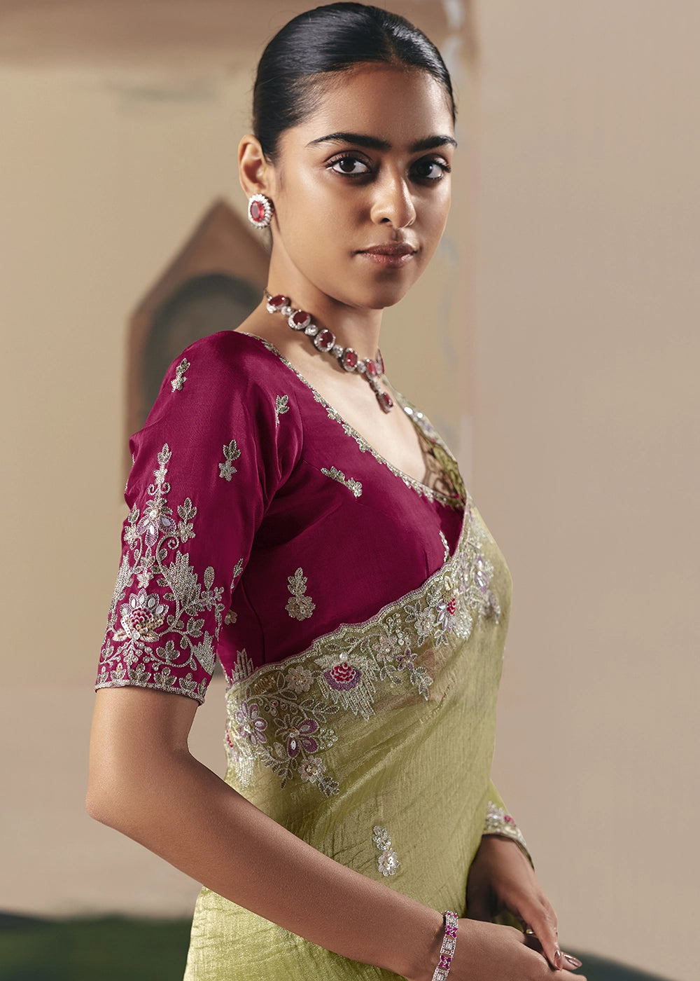Pear Green Designer Tissue Saree with Elegant Sequin & Stone Detailing