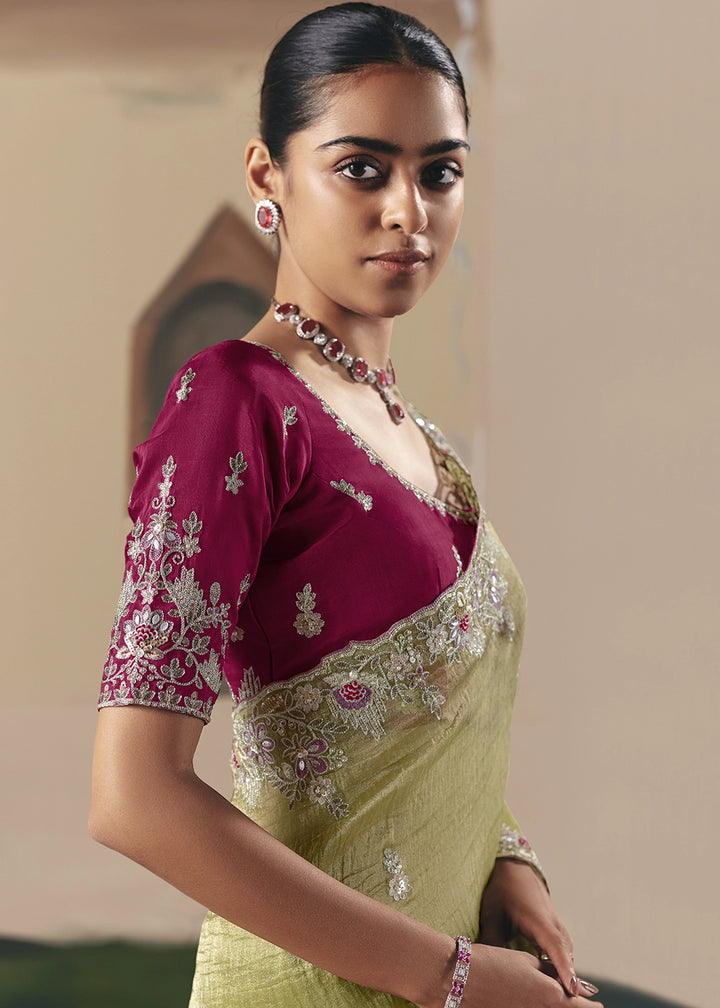 Pear Green Designer Tissue Saree with Elegant Sequin & Stone Detailing