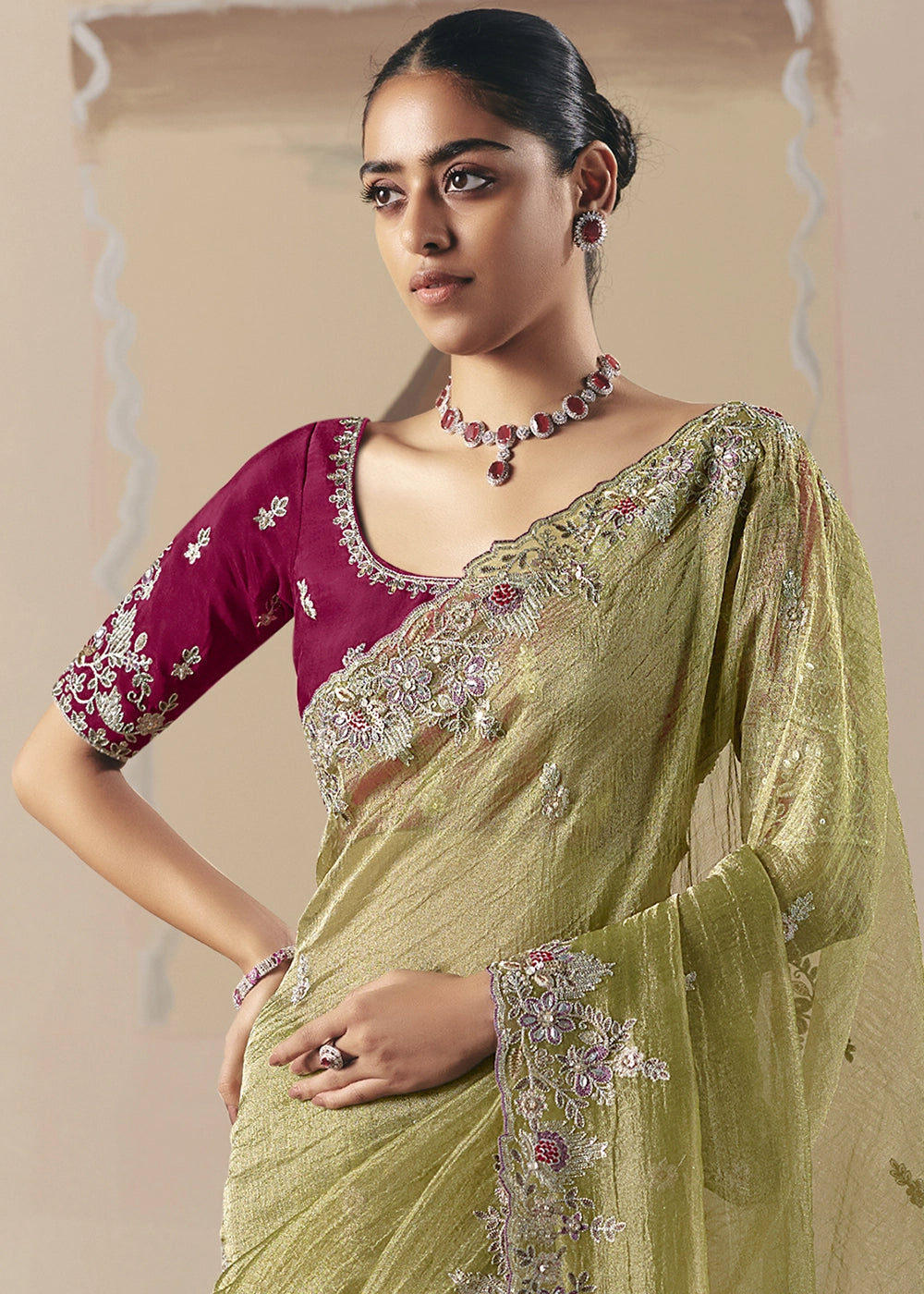 Pear Green Designer Tissue Saree with Elegant Sequin & Stone Detailing