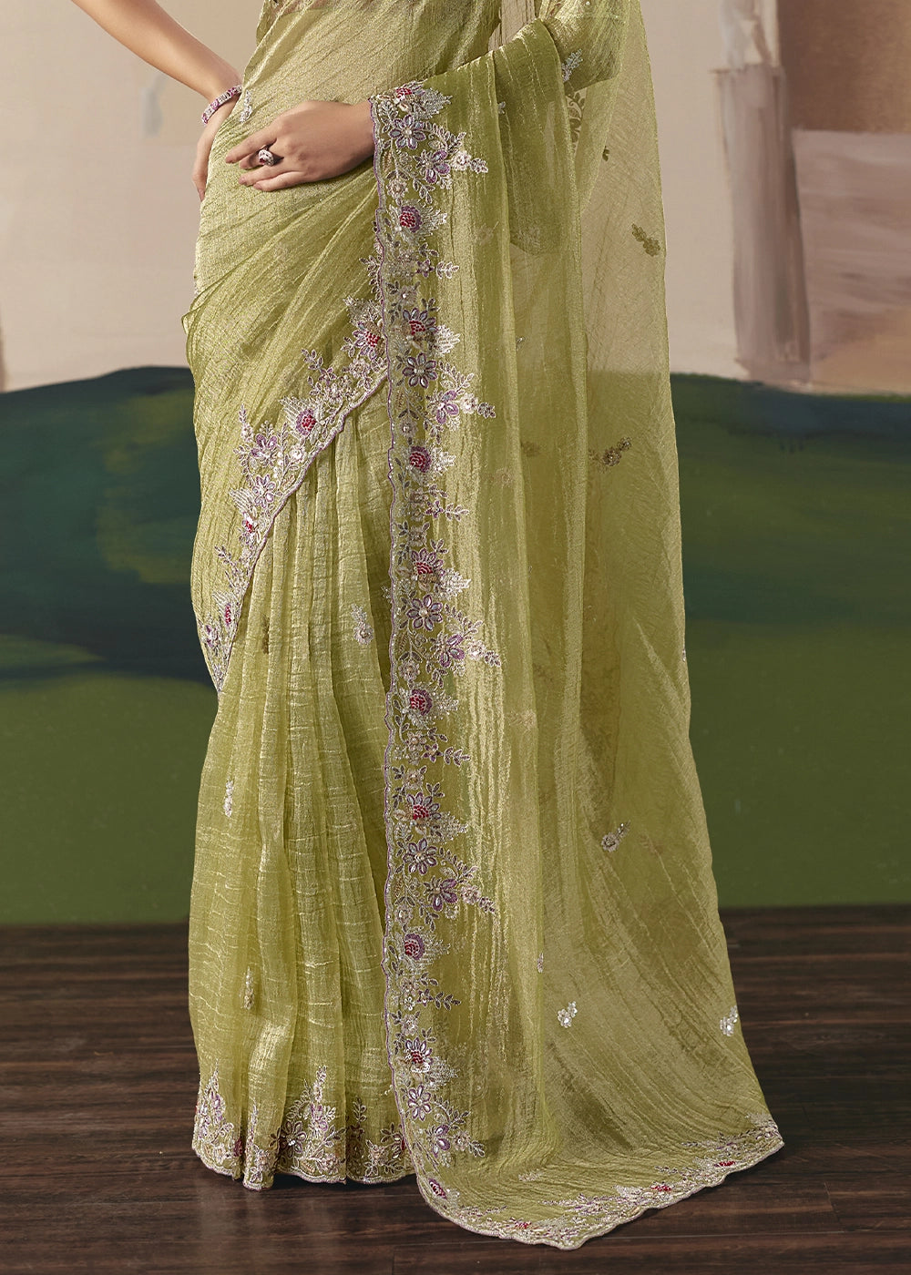 Pear Green Designer Tissue Saree with Elegant Sequin & Stone Detailing