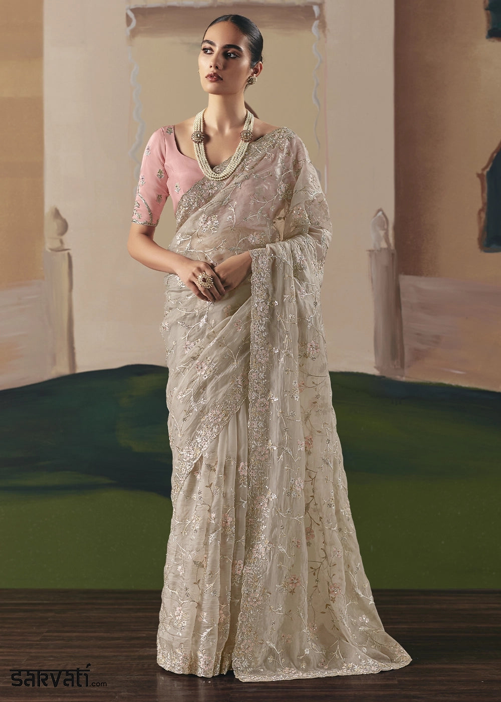 Light Grey Designer Tissue Saree with Elegant Sequin & Stone Detailing