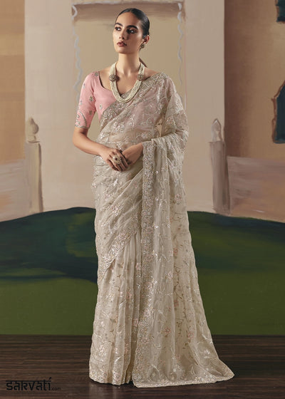 Light Grey Designer Tissue Saree with Elegant Sequin & Stone Detailing