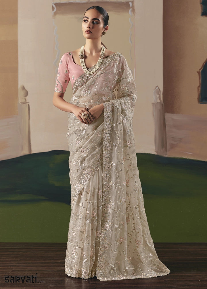 Light Grey Designer Tissue Saree with Elegant Sequin & Stone Detailing