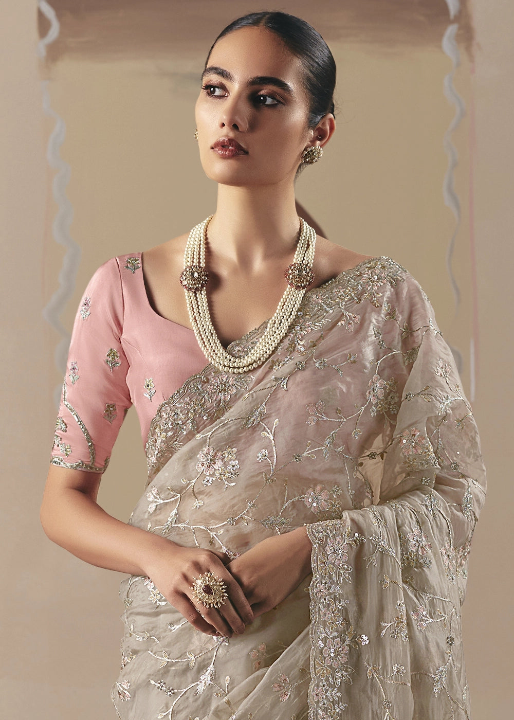 Light Grey Designer Tissue Saree with Elegant Sequin & Stone Detailing