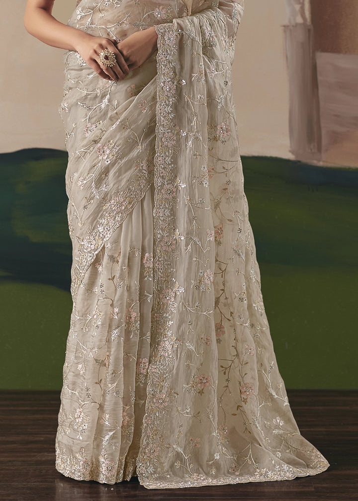 Light Grey Designer Tissue Saree with Elegant Sequin & Stone Detailing
