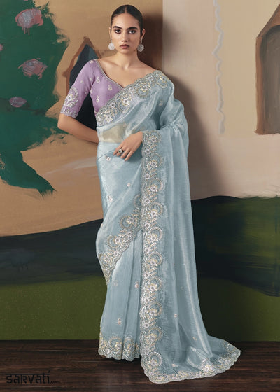 Sky Blue Designer Tissue Saree with Elegant Sequin & Stone Detailing