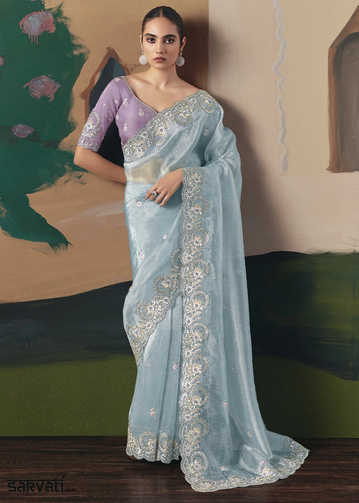 Sky Blue Designer Tissue Saree with Elegant Sequin & Stone Detailing