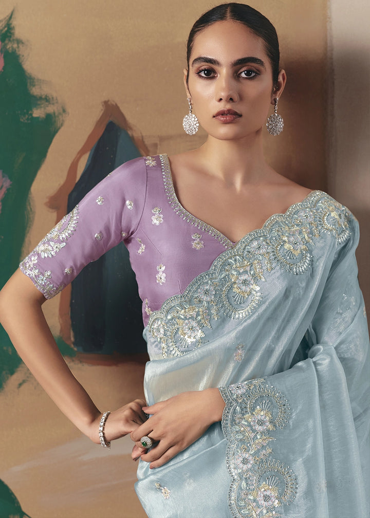 Sky Blue Designer Tissue Saree with Elegant Sequin & Stone Detailing