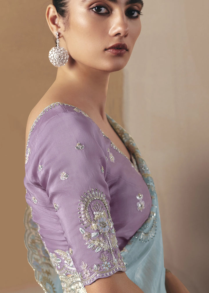 Sky Blue Designer Tissue Saree with Elegant Sequin & Stone Detailing