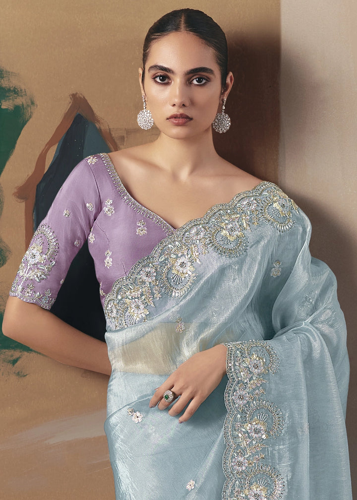 Sky Blue Designer Tissue Saree with Elegant Sequin & Stone Detailing