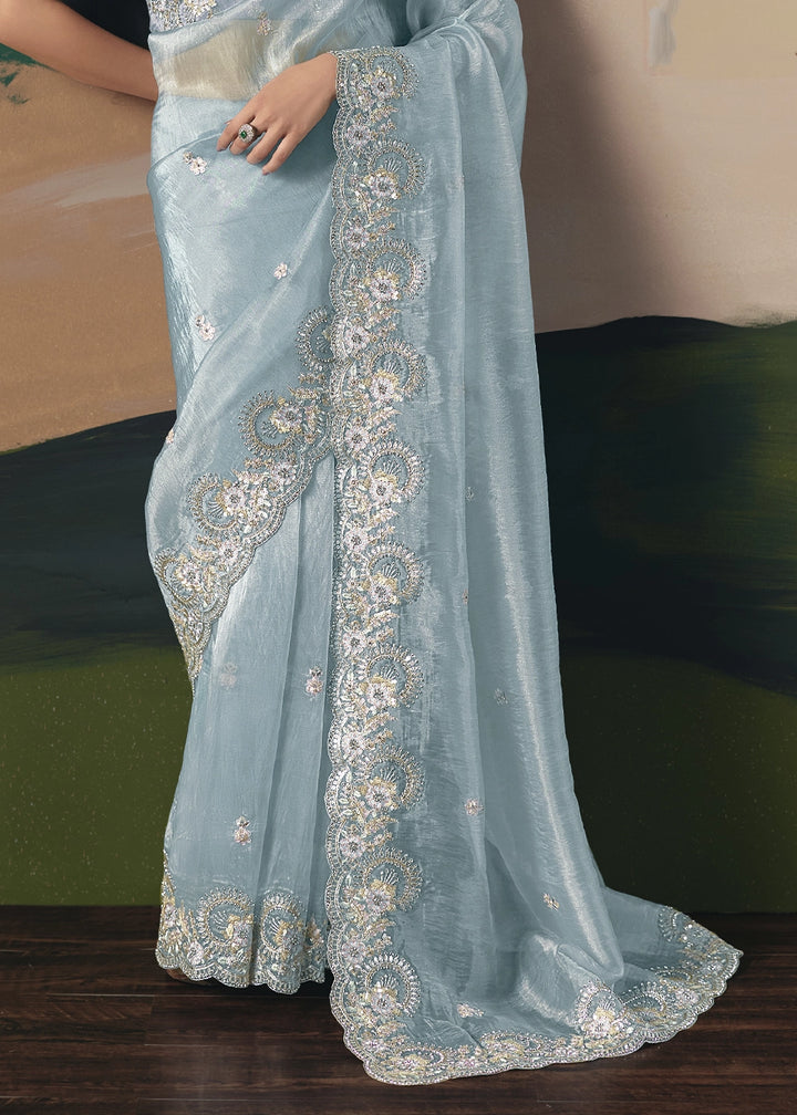Sky Blue Designer Tissue Saree with Elegant Sequin & Stone Detailing