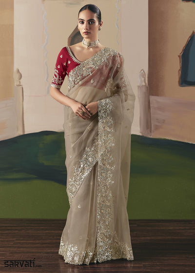 Light Brown Designer Tissue Saree with Elegant Sequin & Stone Detailing