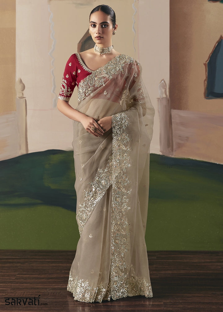 Light Brown Designer Tissue Saree with Elegant Sequin & Stone Detailing