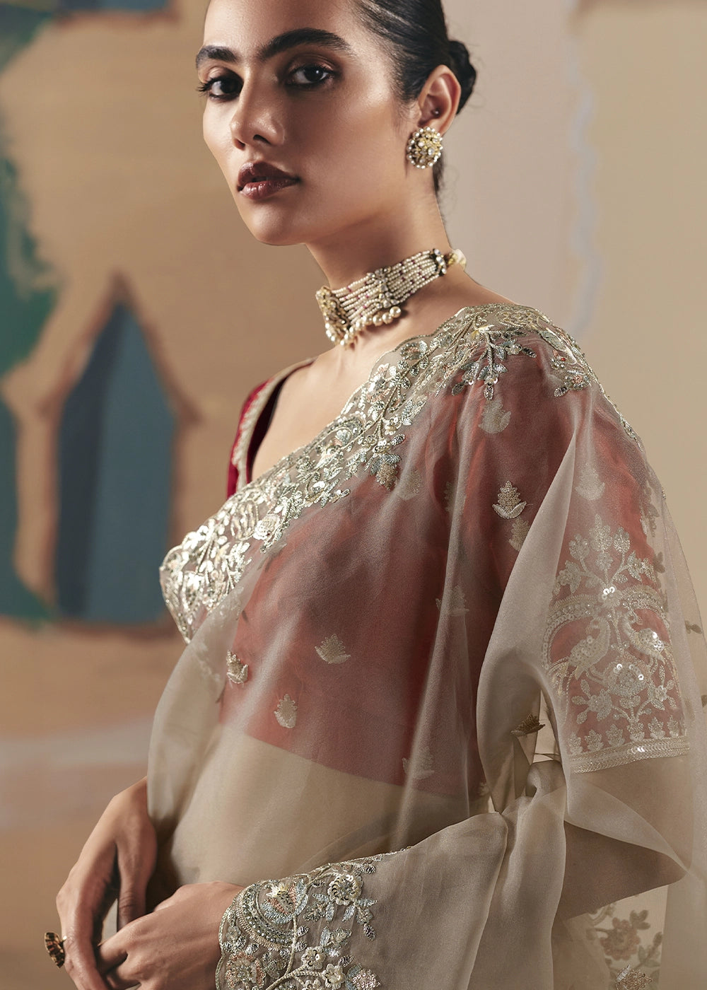 Light Brown Designer Tissue Saree with Elegant Sequin & Stone Detailing