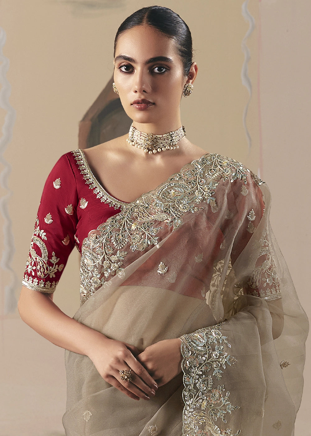 Light Brown Designer Tissue Saree with Elegant Sequin & Stone Detailing