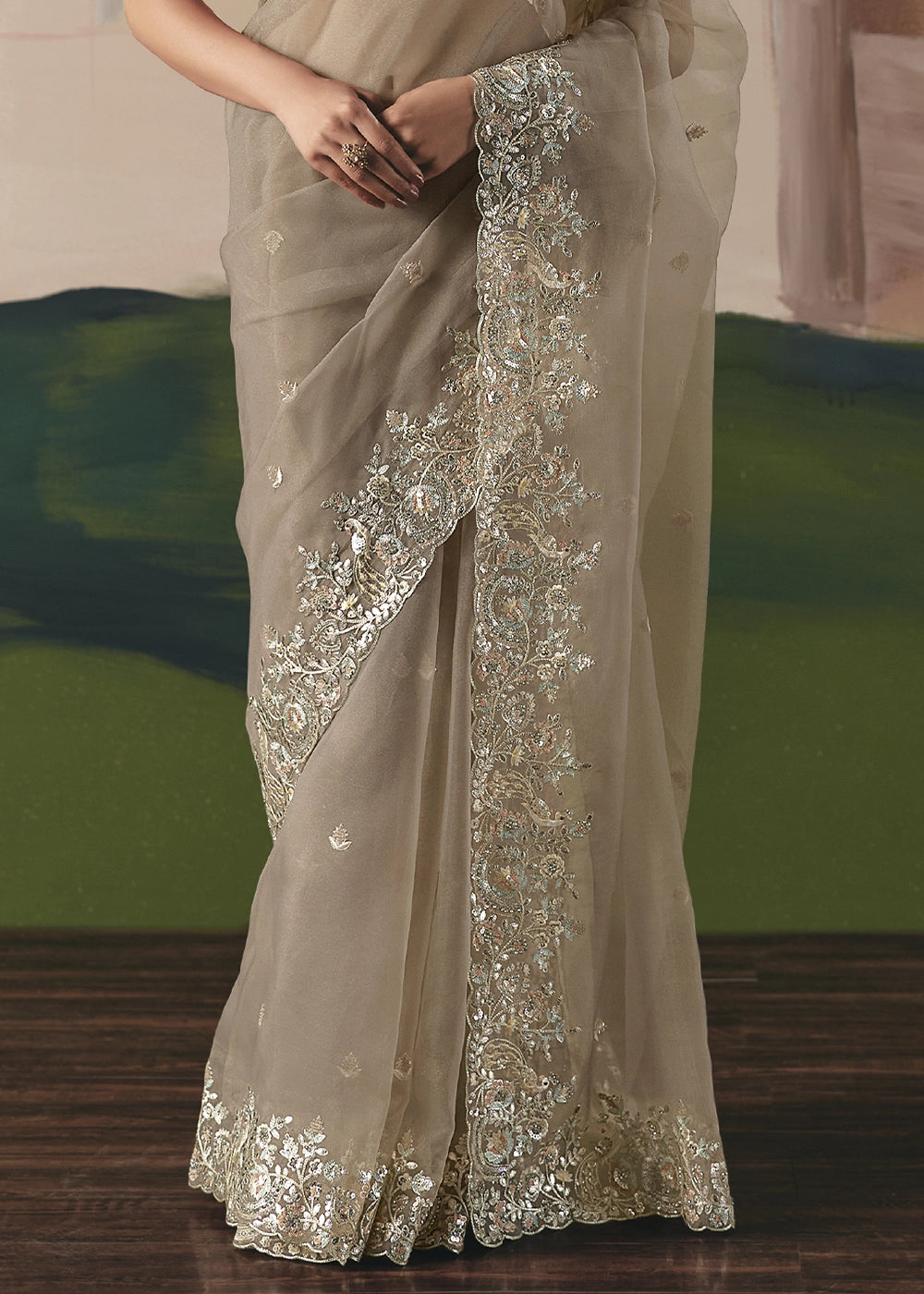 Light Brown Designer Tissue Saree with Elegant Sequin & Stone Detailing