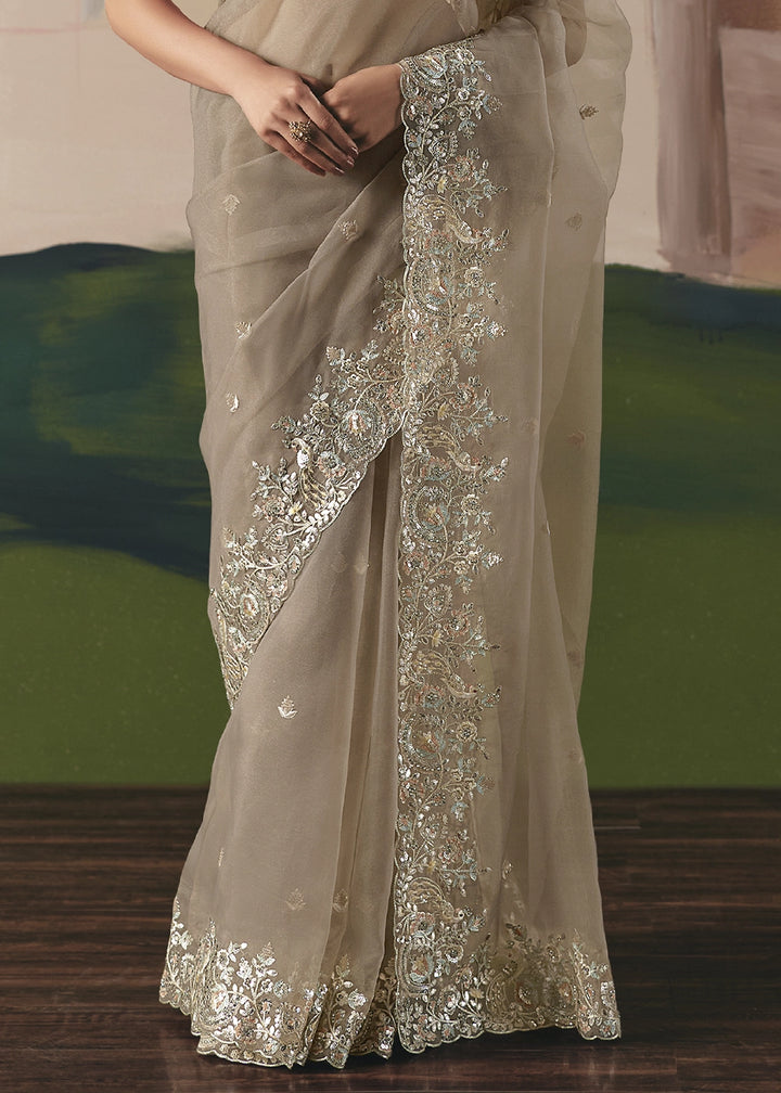 Light Brown Designer Tissue Saree with Elegant Sequin & Stone Detailing