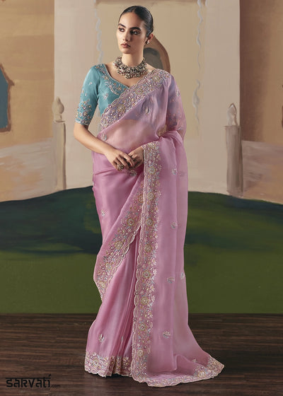 Creamy Pink Designer Tissue Saree with Elegant Sequin & Stone Detailing