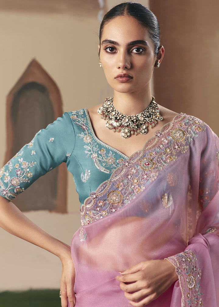 Creamy Pink Designer Tissue Saree with Elegant Sequin & Stone Detailing
