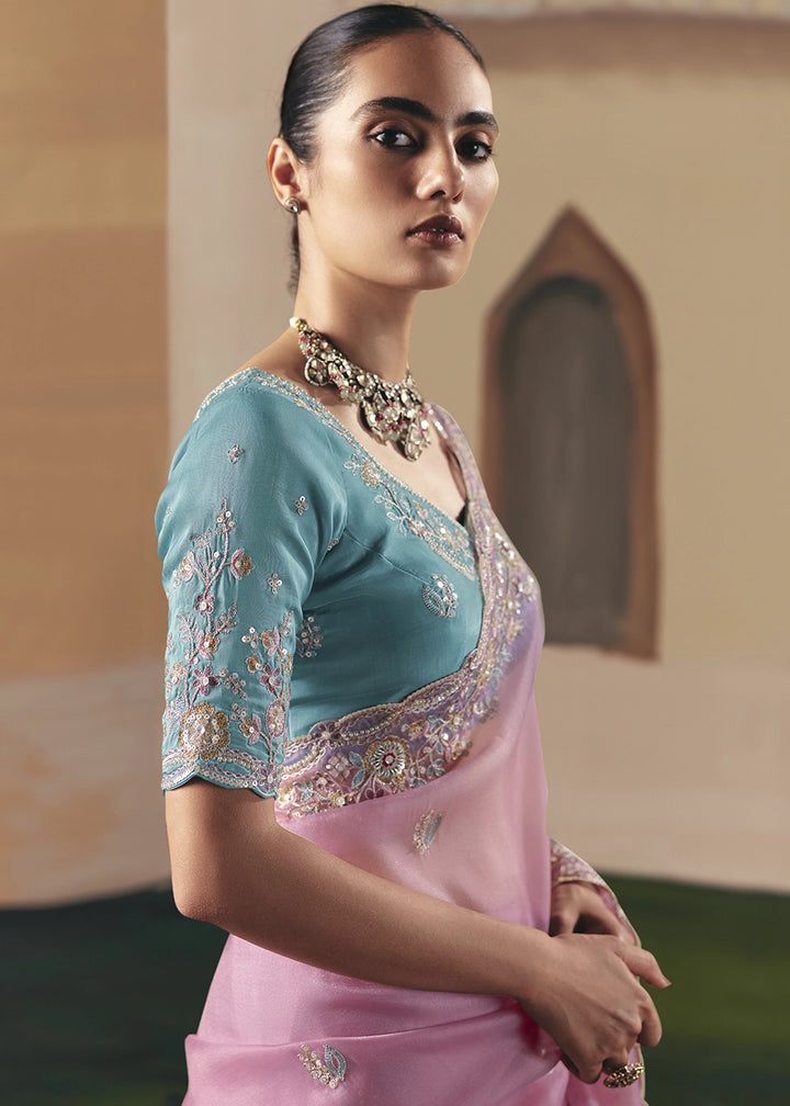 Creamy Pink Designer Tissue Saree with Elegant Sequin & Stone Detailing