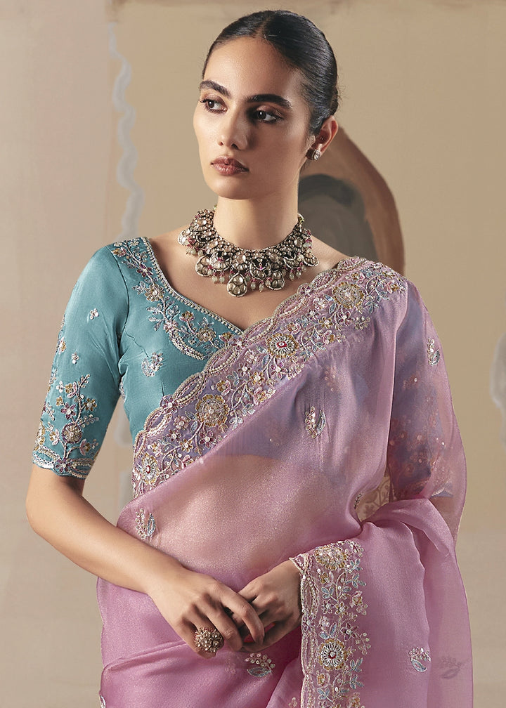 Creamy Pink Designer Tissue Saree with Elegant Sequin & Stone Detailing