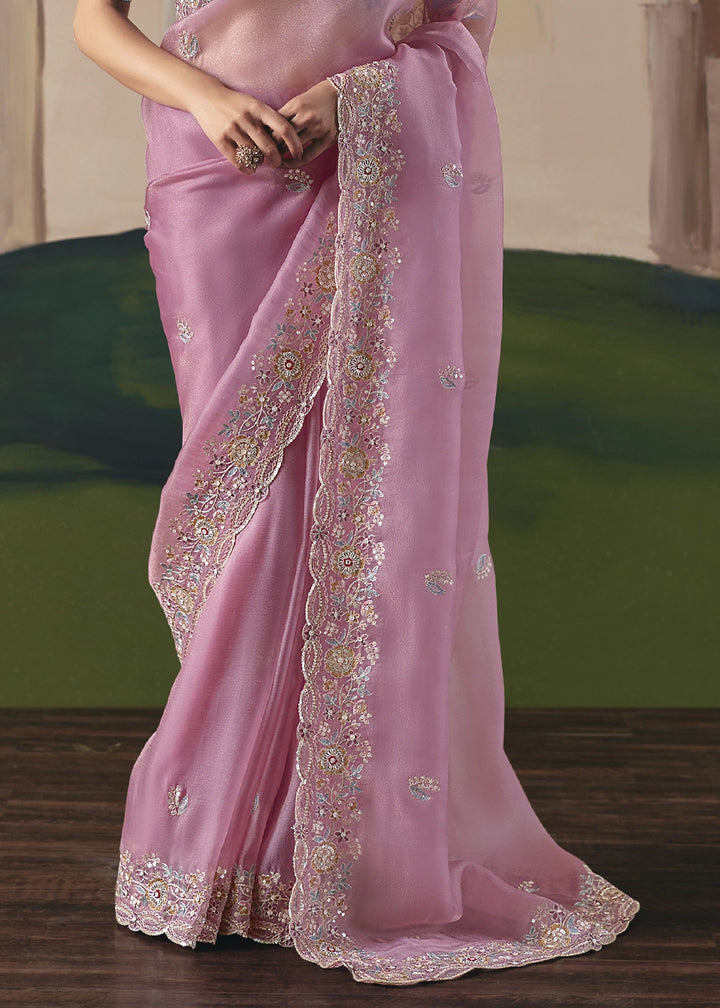 Creamy Pink Designer Tissue Saree with Elegant Sequin & Stone Detailing
